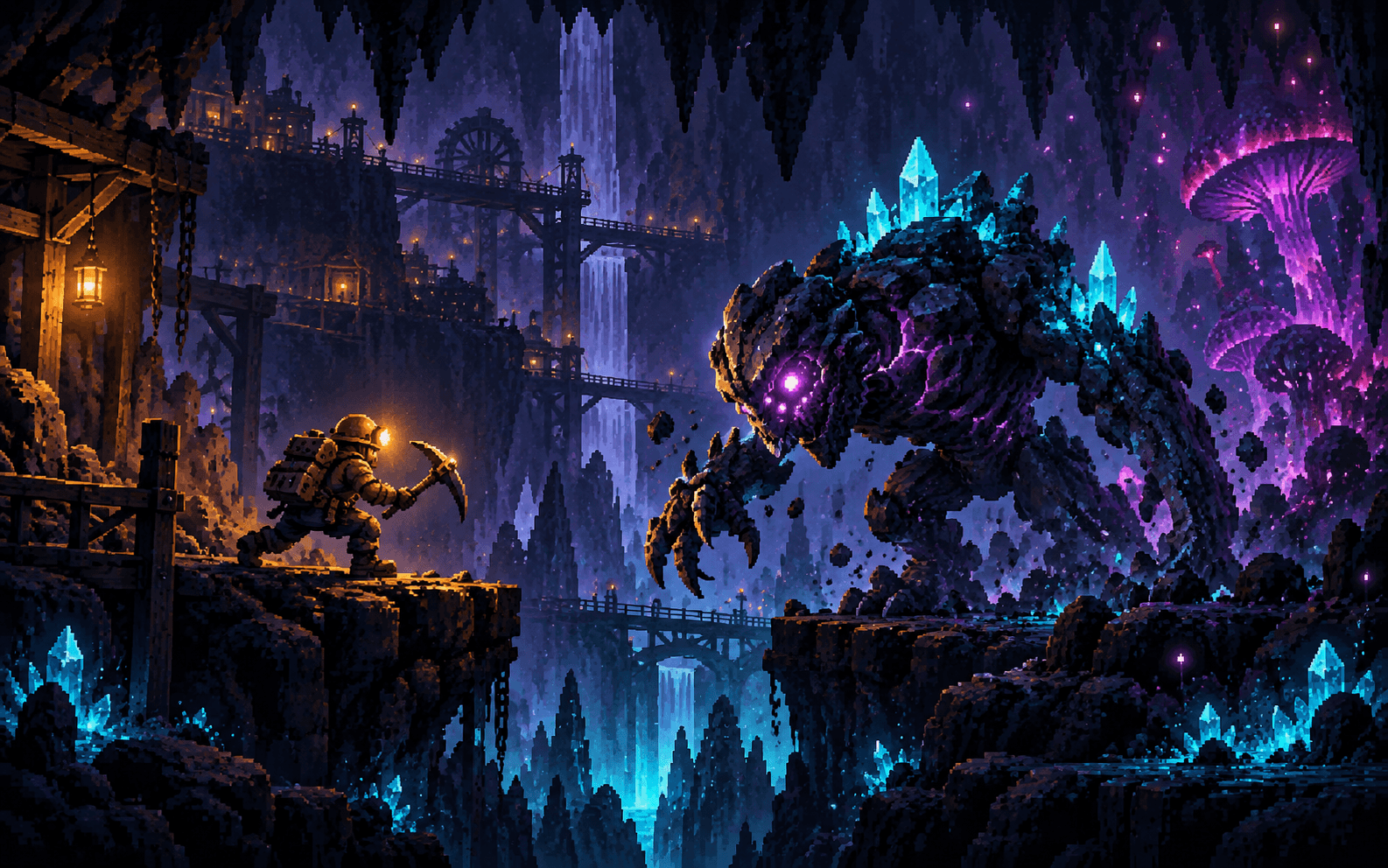 A miner faces a creature from the depths