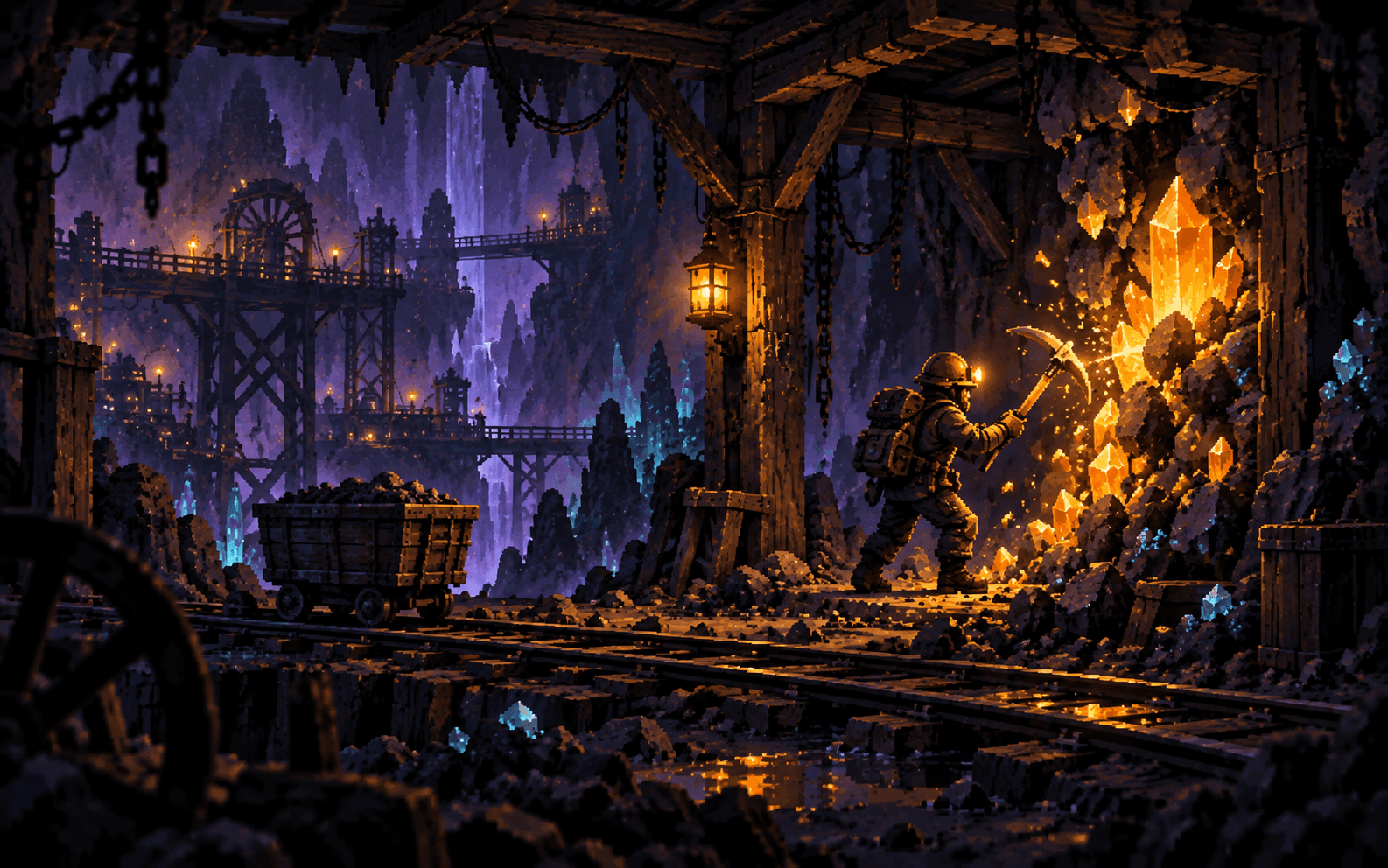 A miner discovers a glowing vein while breaking through the rock